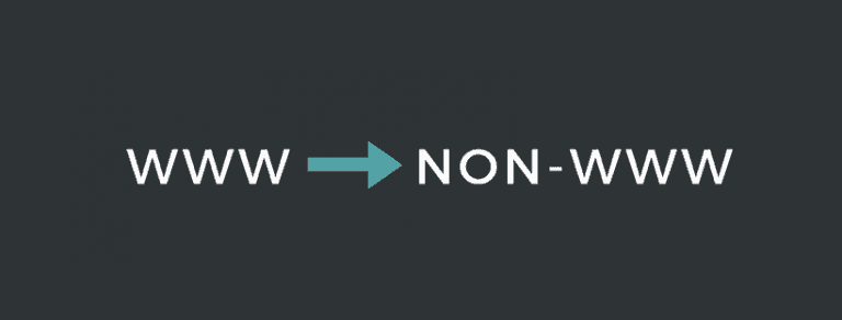 A dark gray background features the text "WWW" on the left and "NON-WWW" on the right. A teal arrow points from "WWW" to "NON-WWW," indicating a transition or conversion from a website starting with "WWW" to one without it.